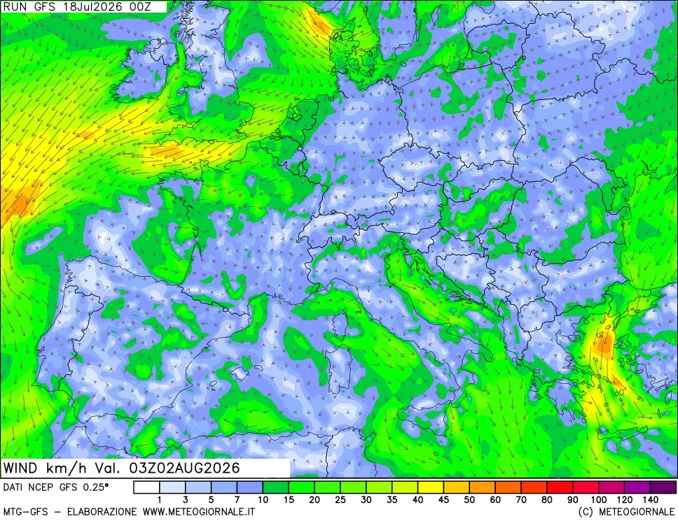 mappa 10 m Vento forza e direzione