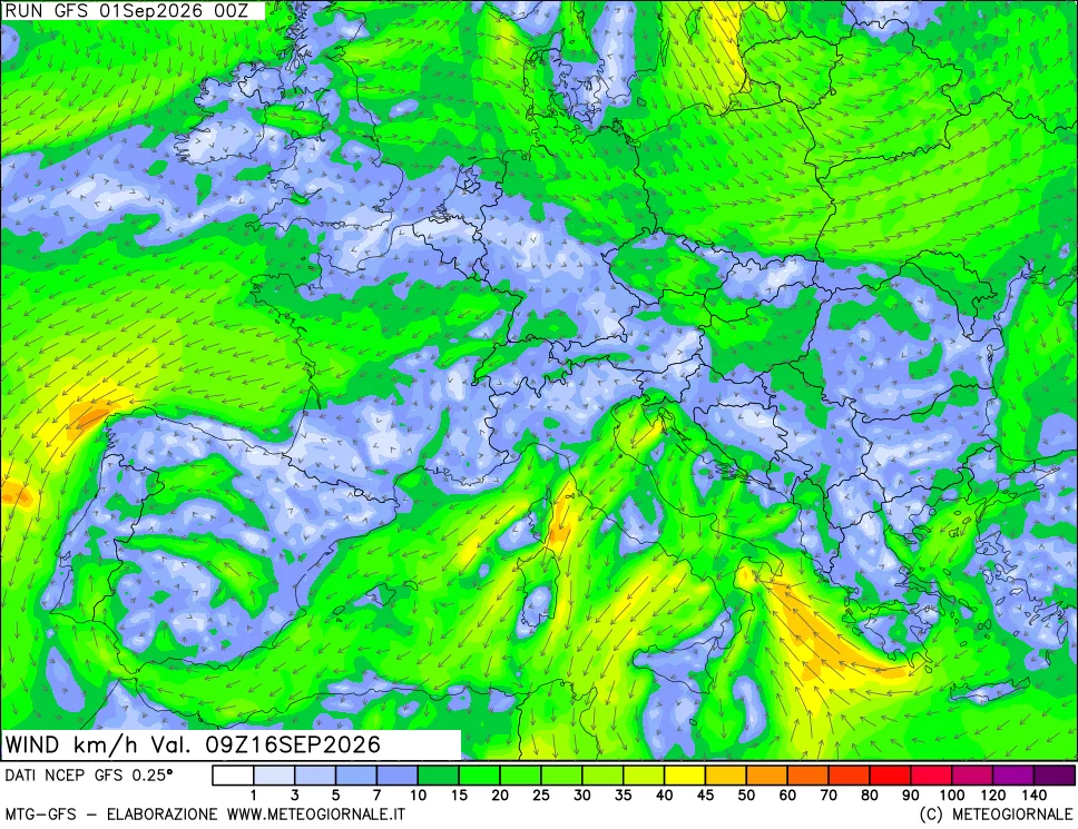 mappa 10 m Vento forza e direzione