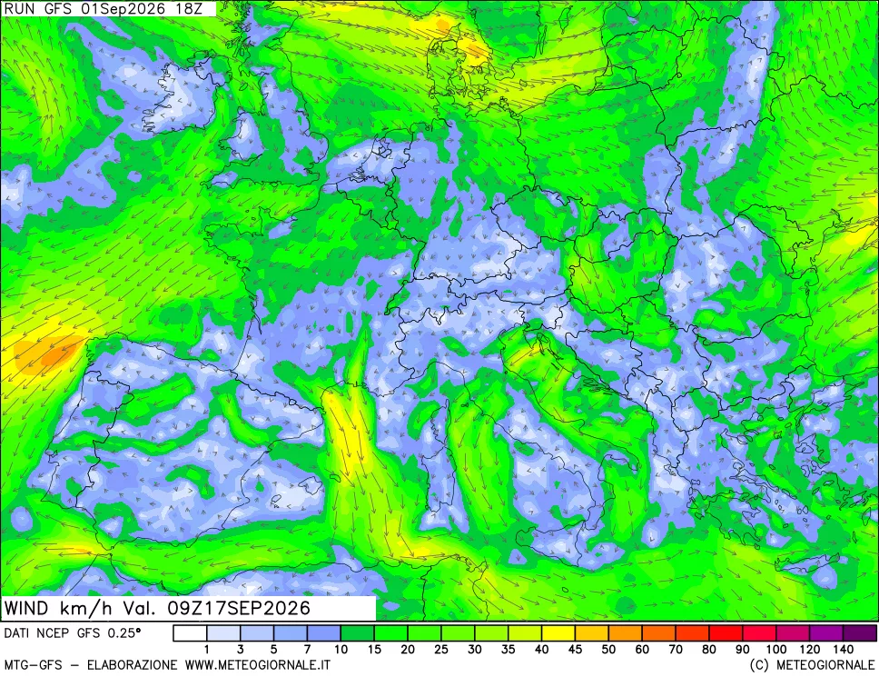mappa 10 m Vento forza e direzione