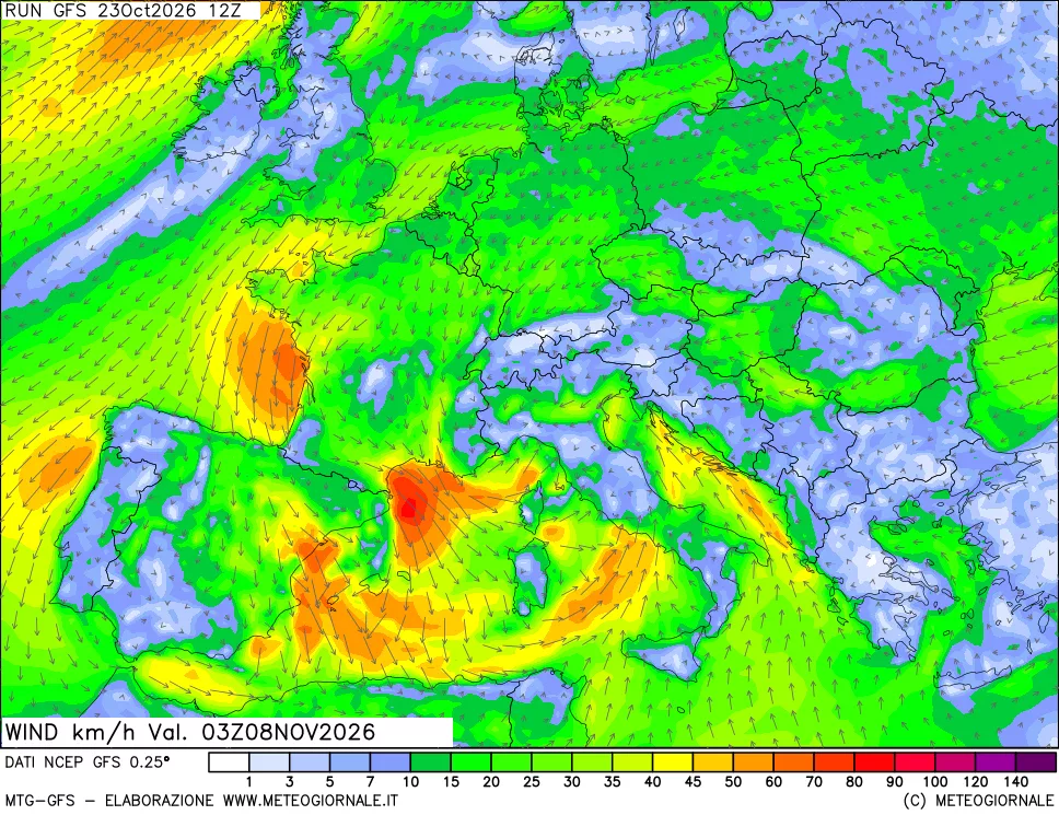 mappa 10 m Vento forza e direzione