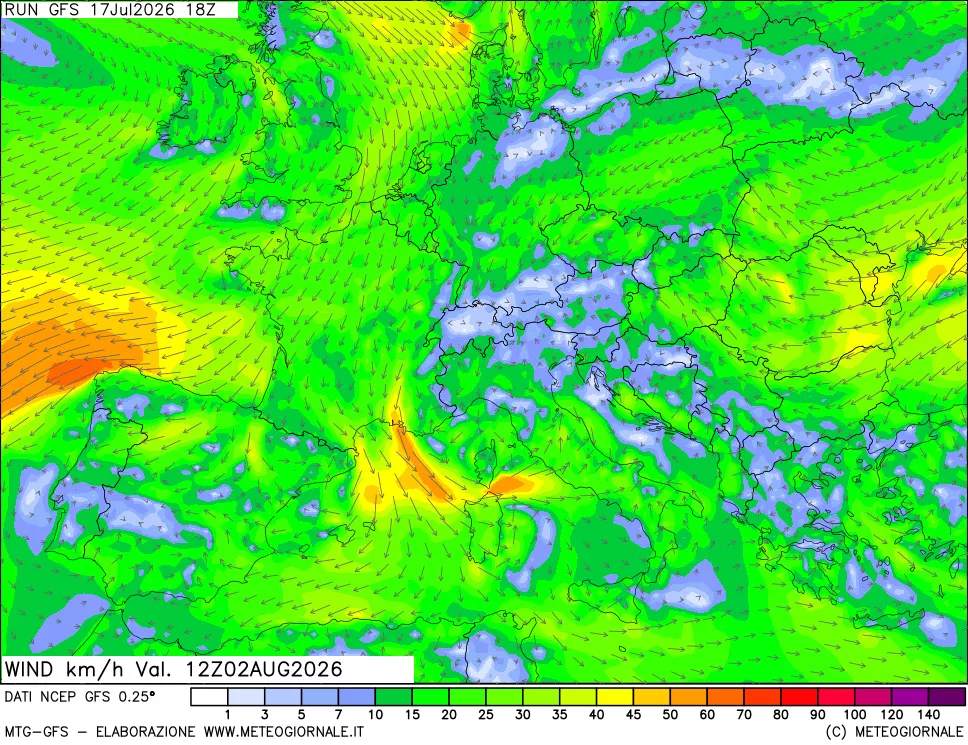 mappa 10 m Vento forza e direzione