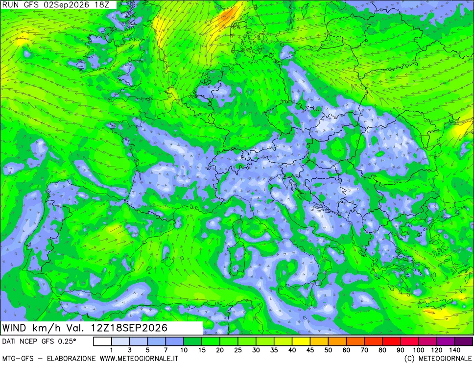 mappa 10 m Vento forza e direzione