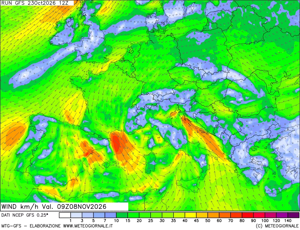 mappa 10 m Vento forza e direzione