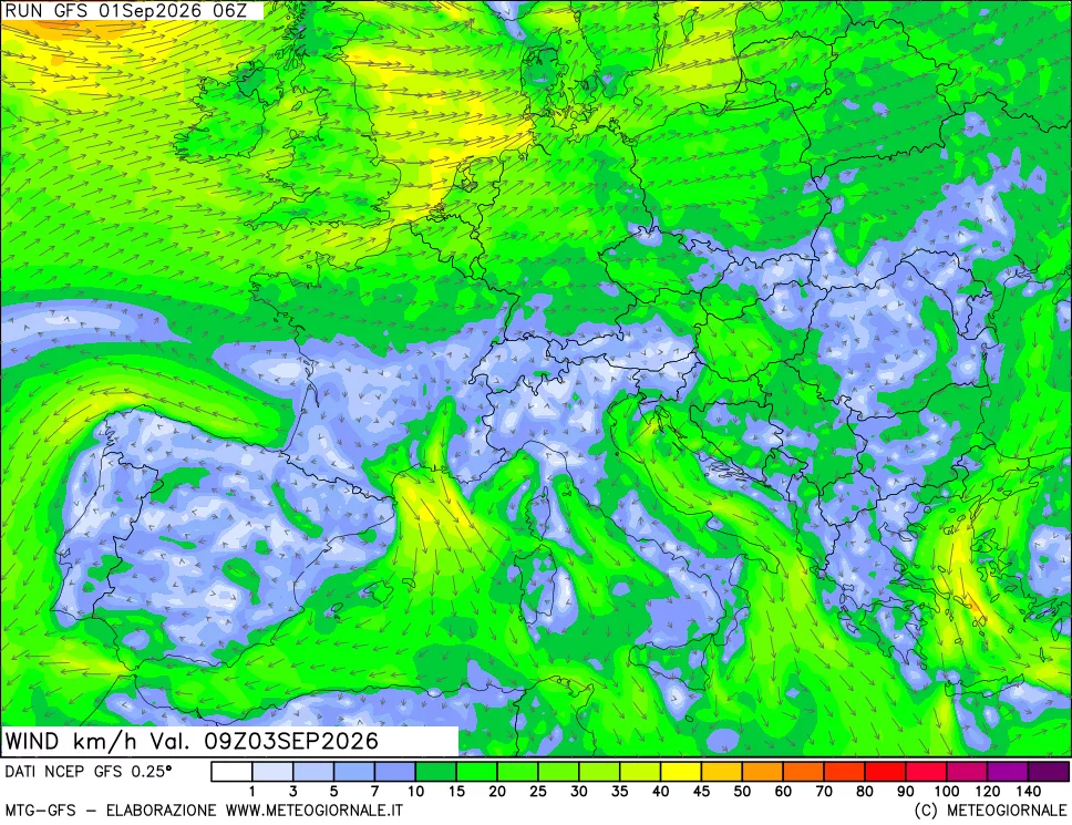 mappa 10 m Vento forza e direzione