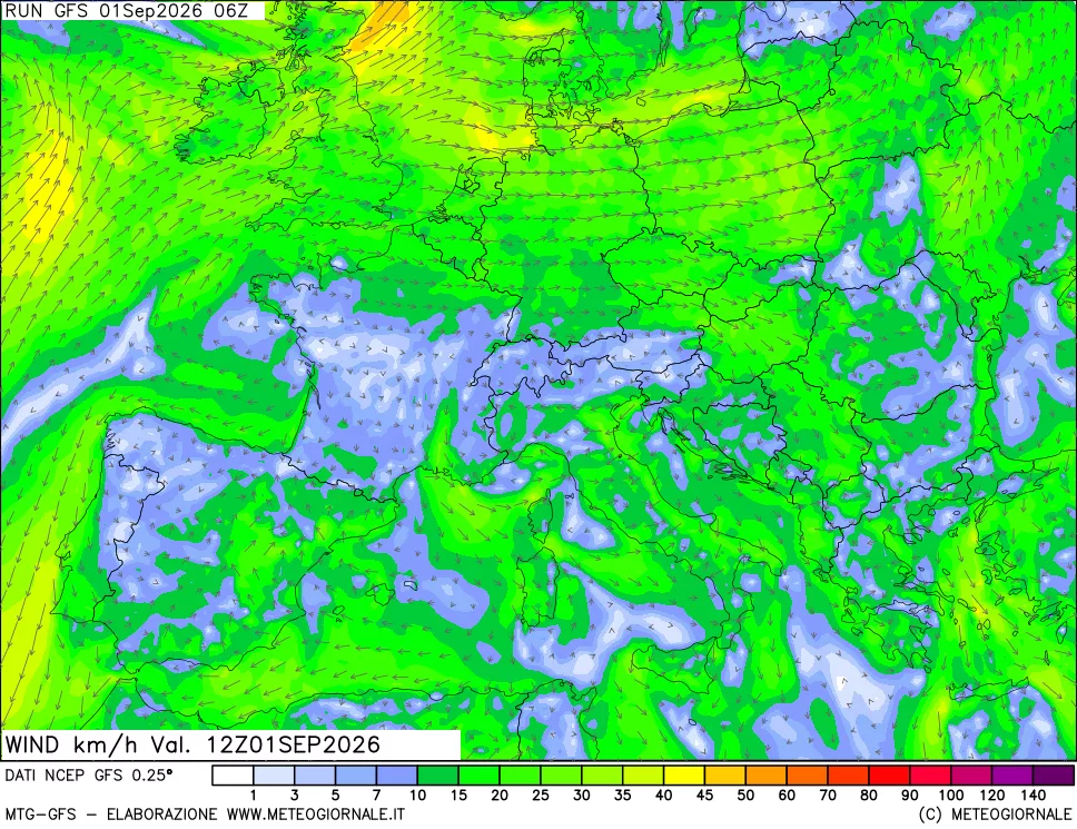mappa 10 m Vento forza e direzione