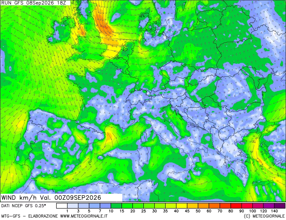 mappa 10 m Vento forza e direzione