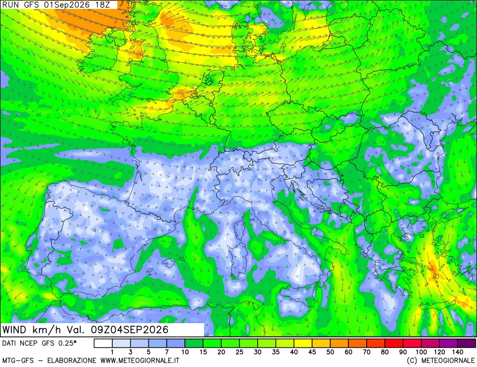 mappa 10 m Vento forza e direzione