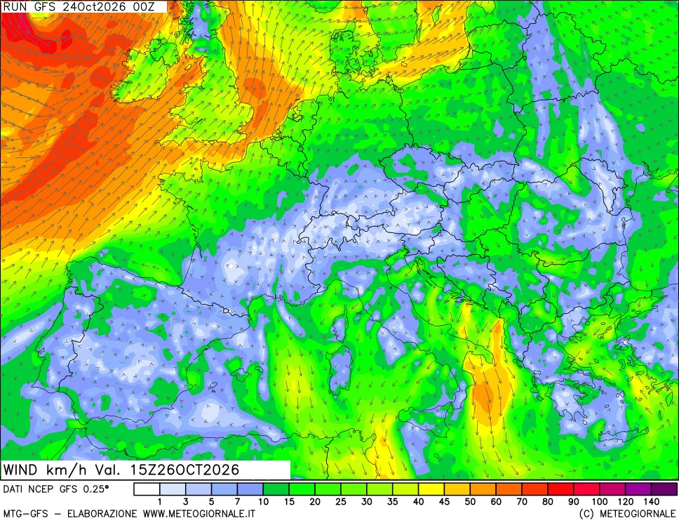 mappa 10 m Vento forza e direzione