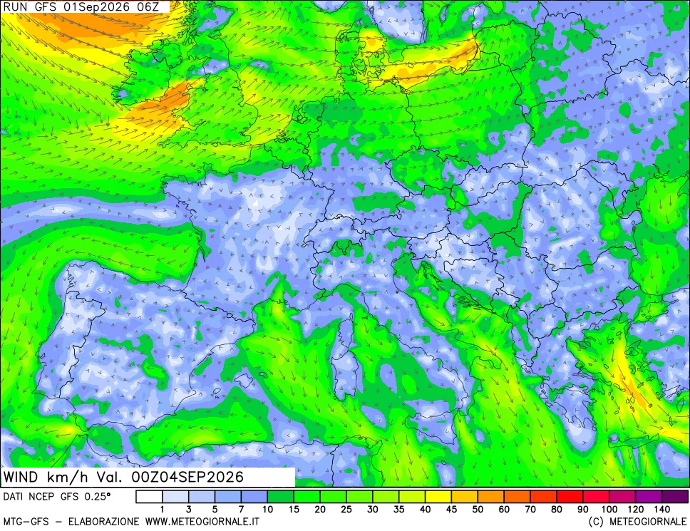 mappa 10 m Vento forza e direzione