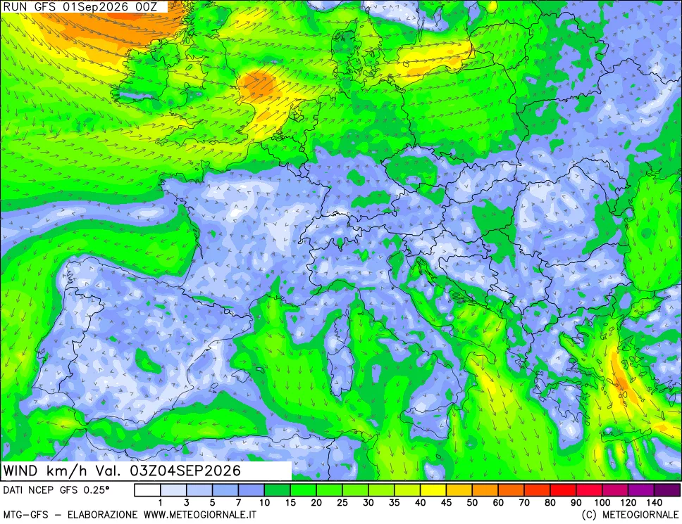 mappa 10 m Vento forza e direzione