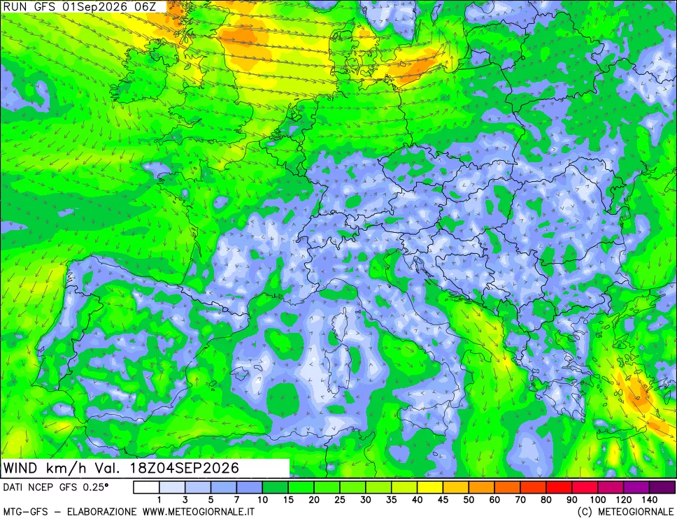 mappa 10 m Vento forza e direzione