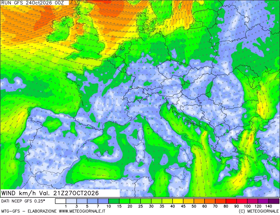 mappa 10 m Vento forza e direzione