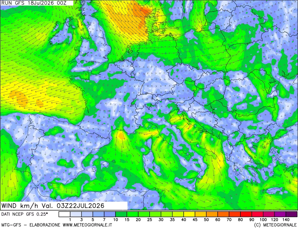 mappa 10 m Vento forza e direzione