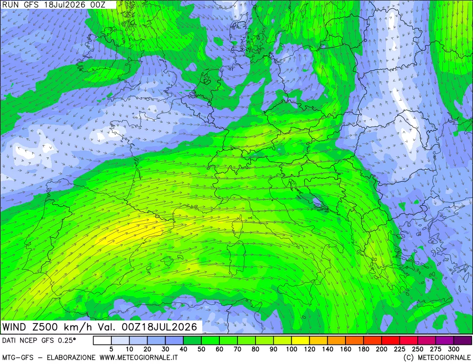 mappa 500 hPa Vento forza e direzione