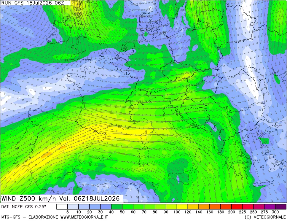 mappa 500 hPa Vento forza e direzione