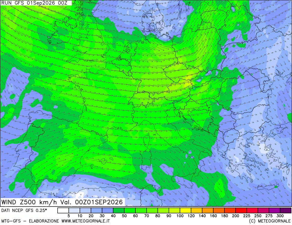 mappa 500 hPa Vento forza e direzione