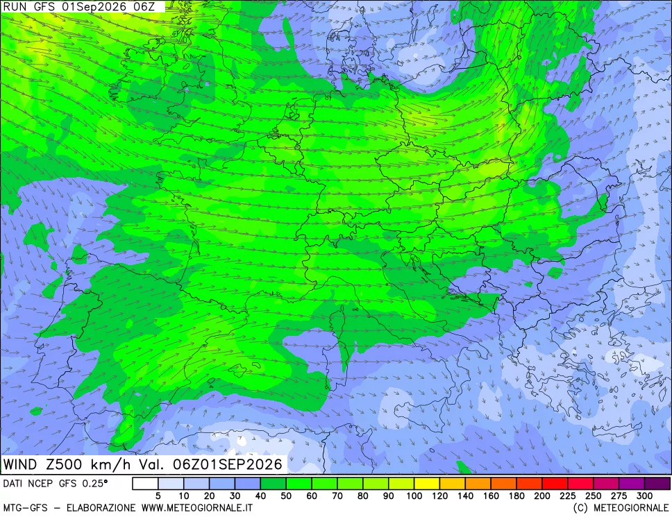 mappa 500 hPa Vento forza e direzione