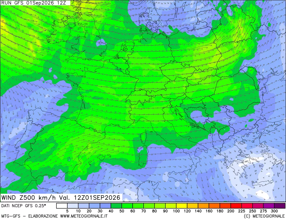 mappa 500 hPa Vento forza e direzione