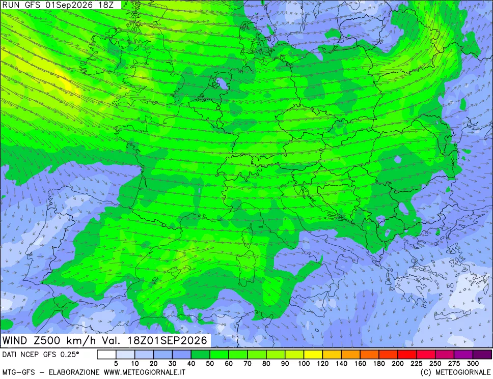 mappa 500 hPa Vento forza e direzione