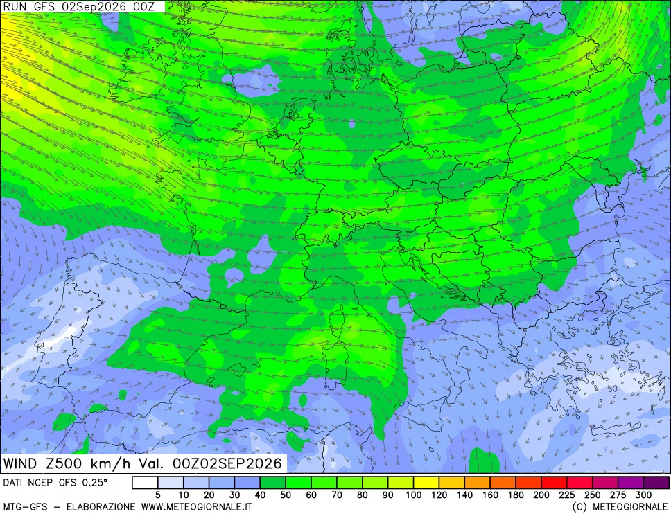 mappa 500 hPa Vento forza e direzione