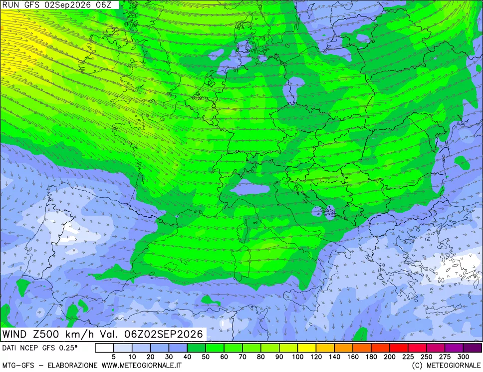 mappa 500 hPa Vento forza e direzione