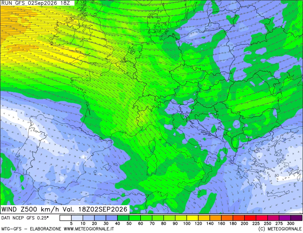 mappa 500 hPa Vento forza e direzione