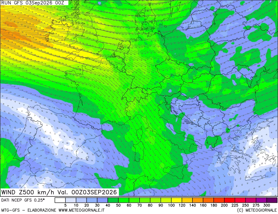 mappa 500 hPa Vento forza e direzione
