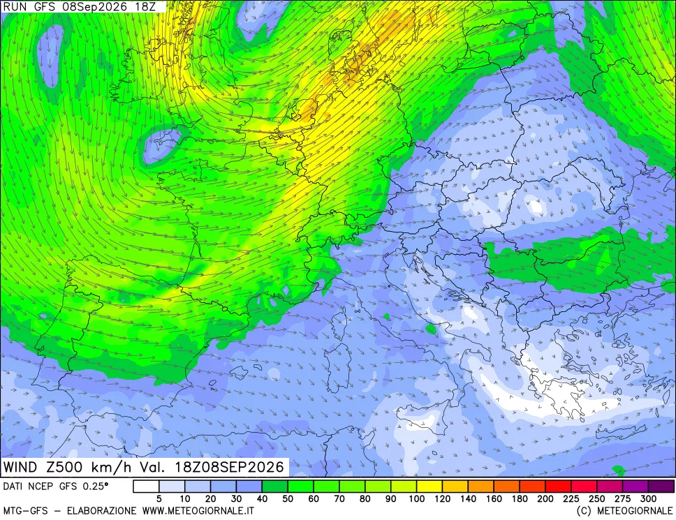 mappa 500 hPa Vento forza e direzione