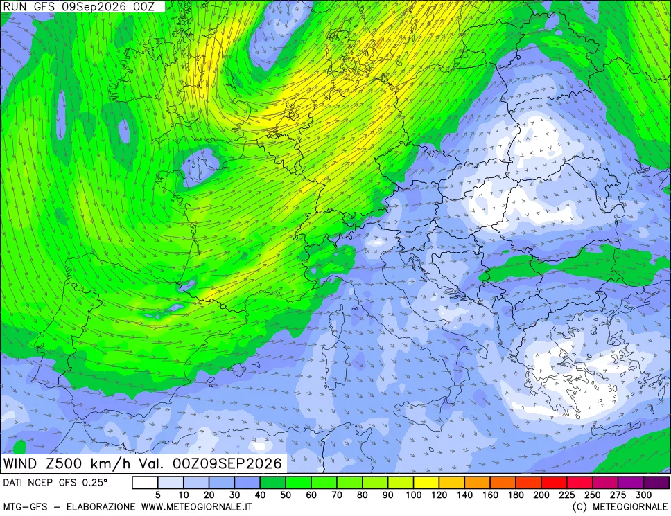 mappa 500 hPa Vento forza e direzione
