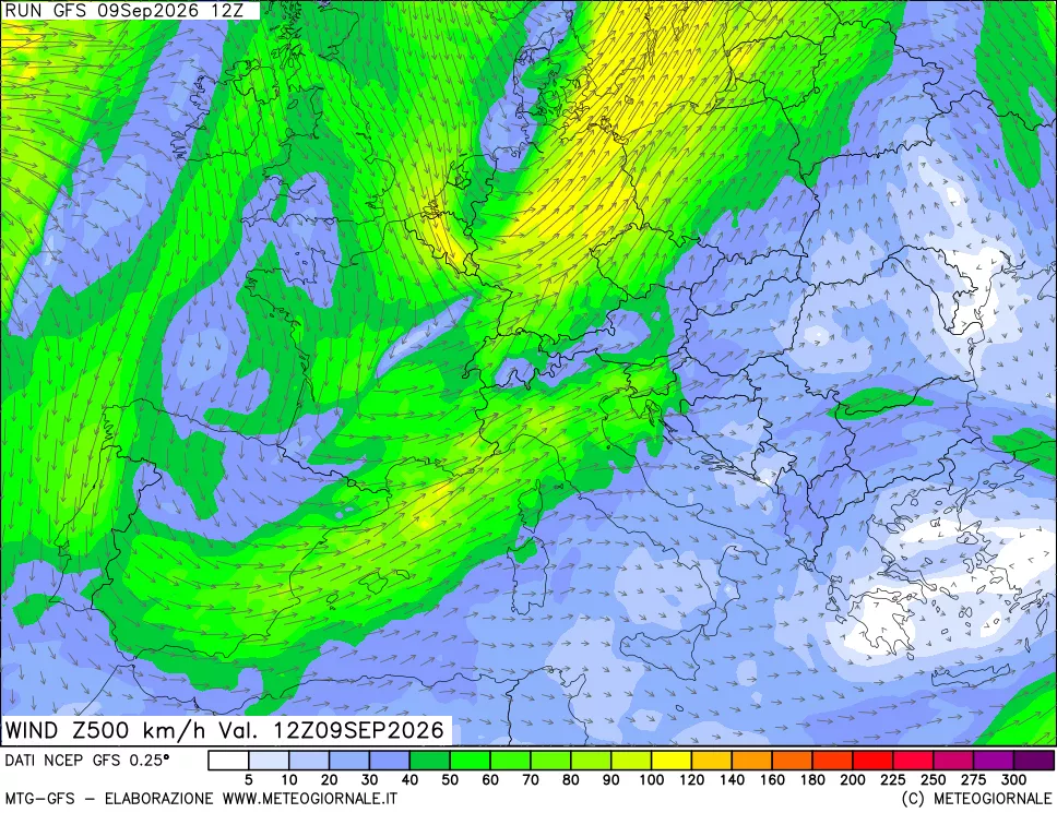 mappa 500 hPa Vento forza e direzione