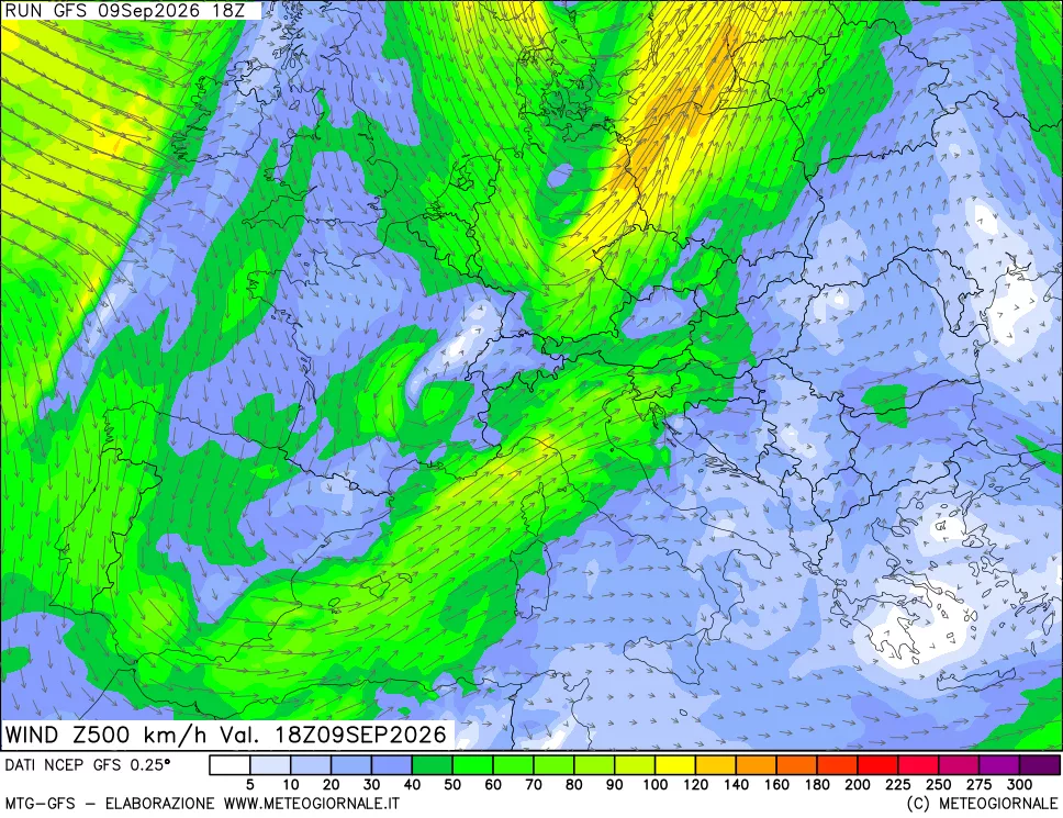 mappa 500 hPa Vento forza e direzione