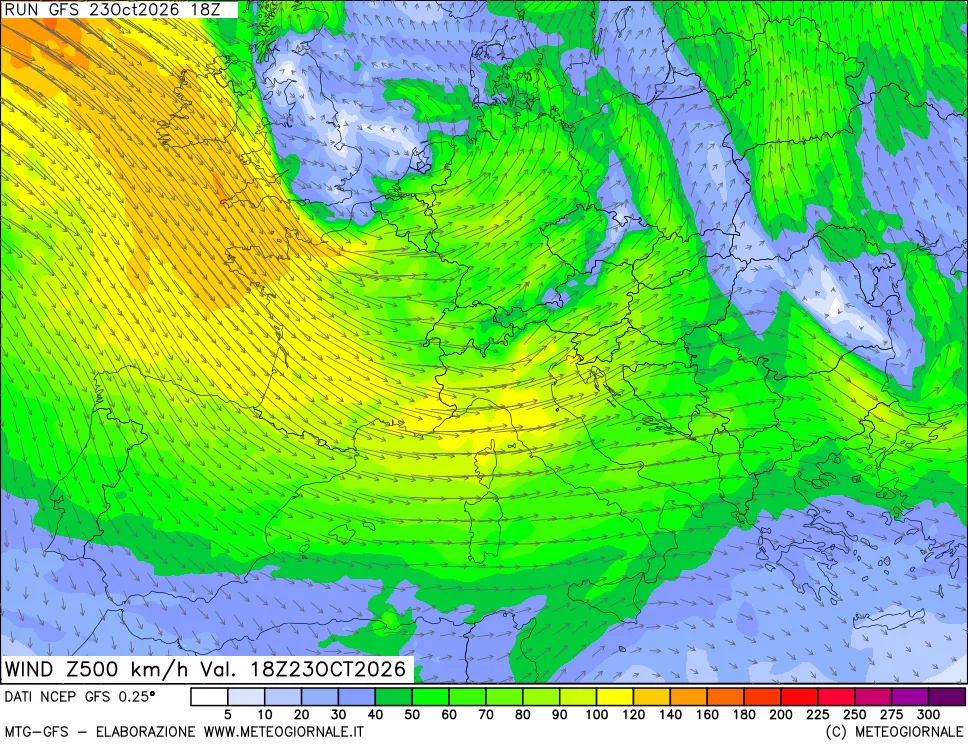 mappa 500 hPa Vento forza e direzione
