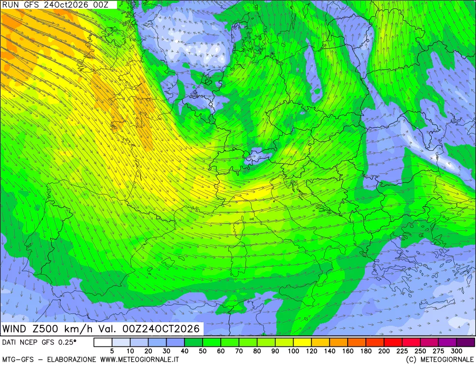 mappa 500 hPa Vento forza e direzione