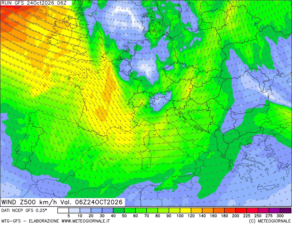 mappa 500 hPa Vento forza e direzione