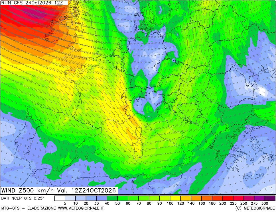 mappa 500 hPa Vento forza e direzione