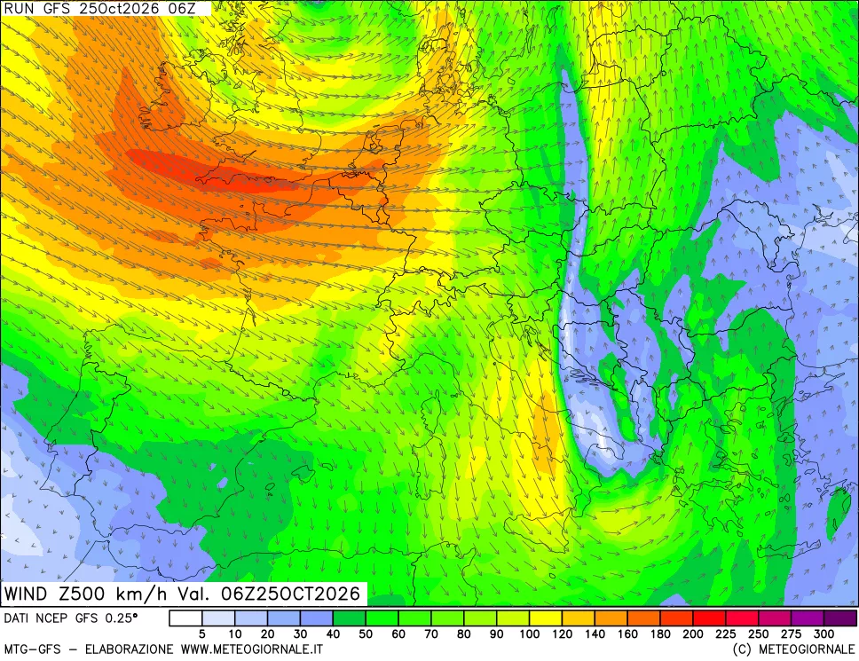 mappa 500 hPa Vento forza e direzione
