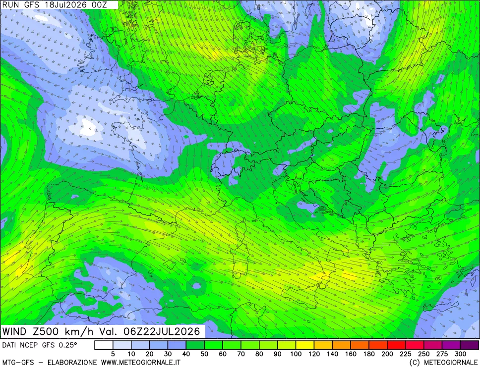 mappa 500 hPa Vento forza e direzione