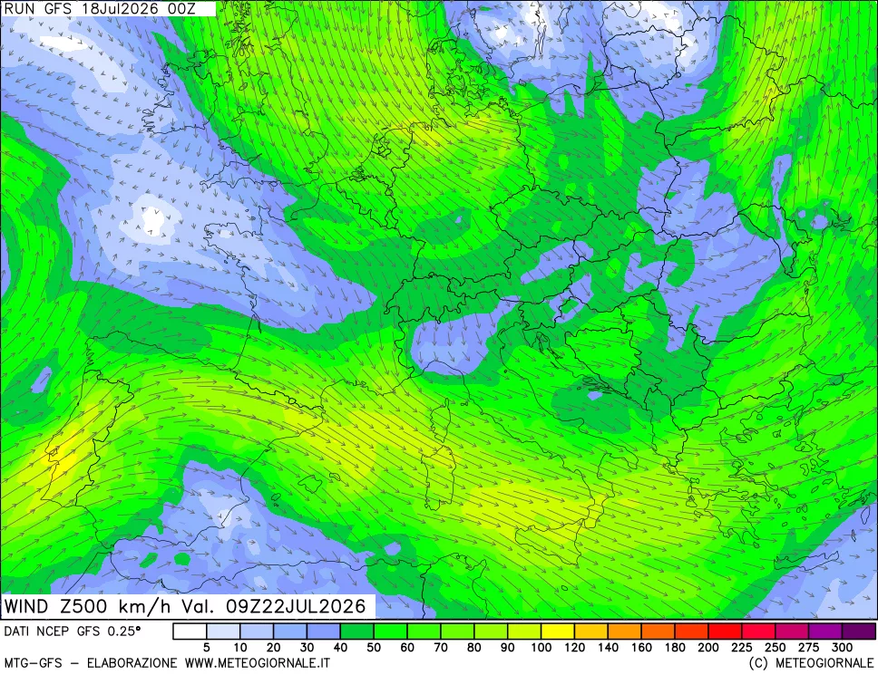 mappa 500 hPa Vento forza e direzione