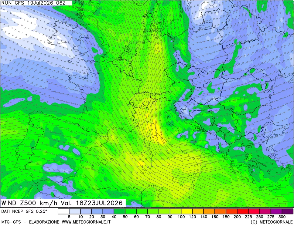 mappa 500 hPa Vento forza e direzione