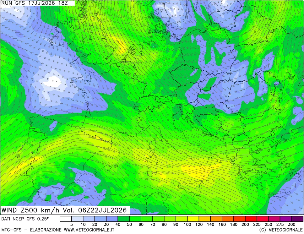 mappa 500 hPa Vento forza e direzione