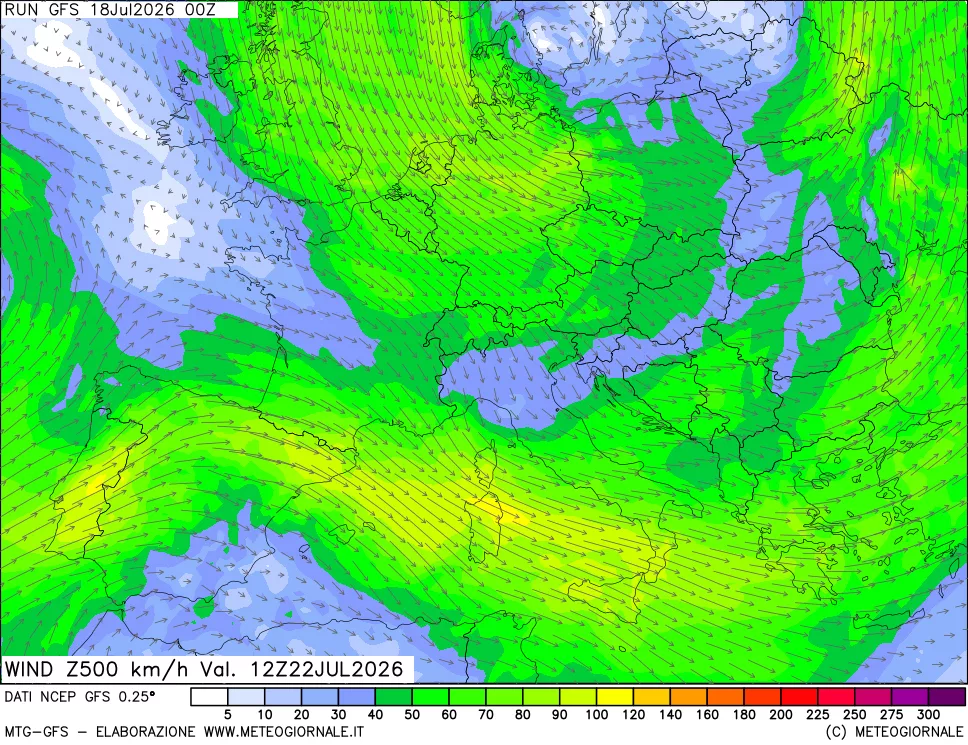 mappa 500 hPa Vento forza e direzione
