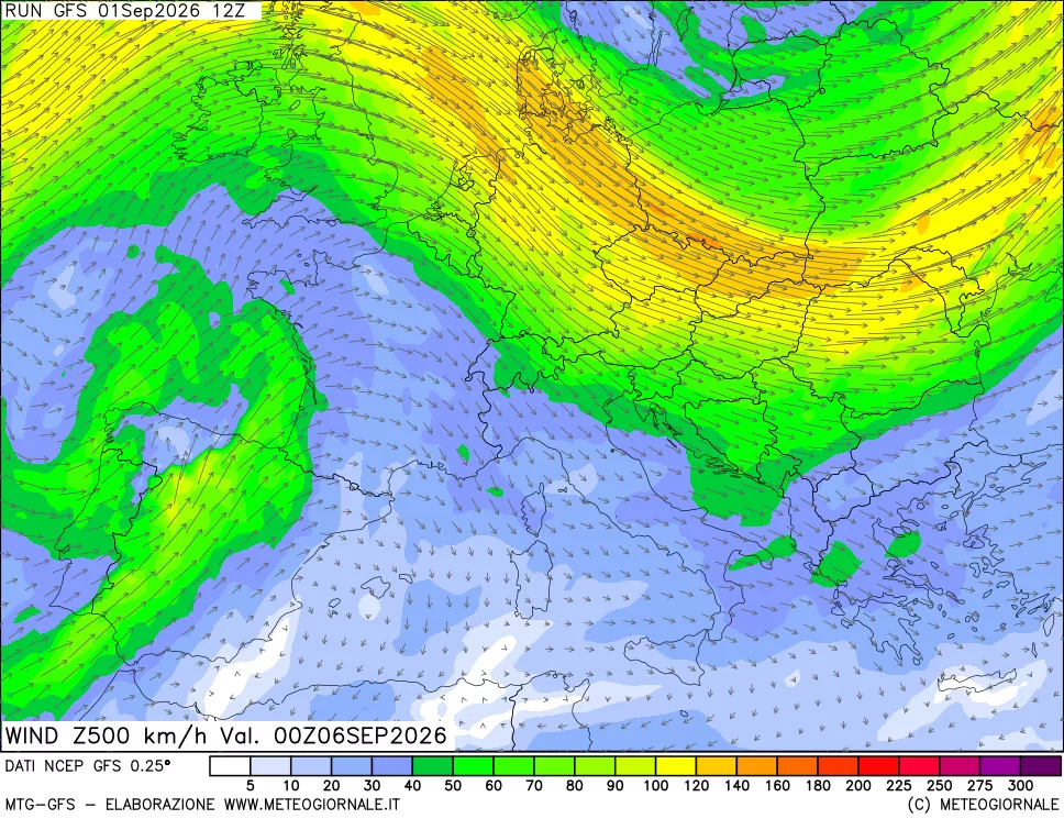 mappa 500 hPa Vento forza e direzione