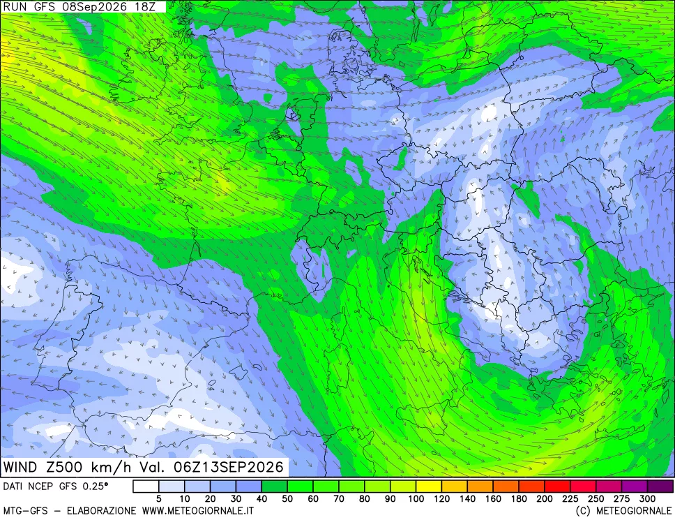 mappa 500 hPa Vento forza e direzione