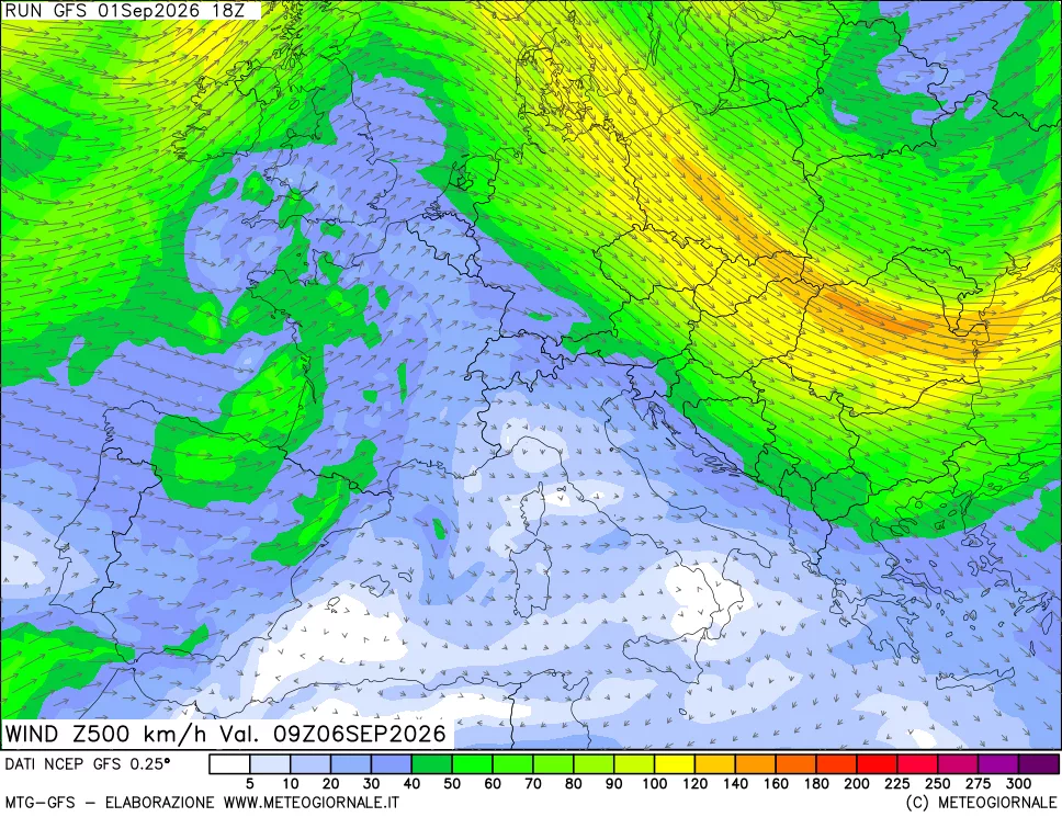 mappa 500 hPa Vento forza e direzione