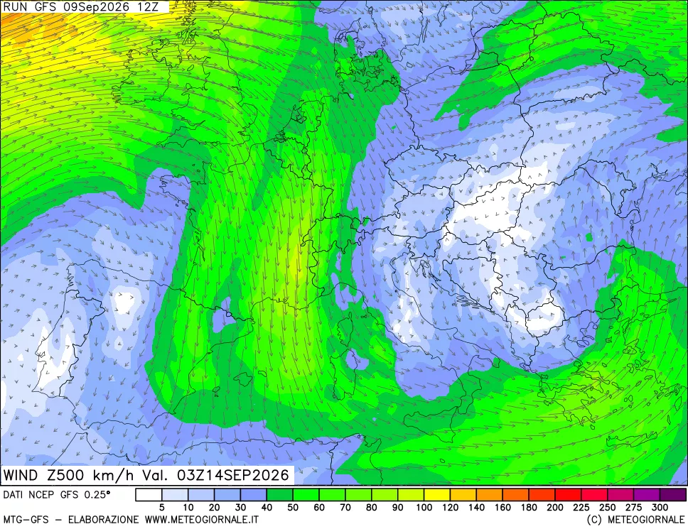 mappa 500 hPa Vento forza e direzione
