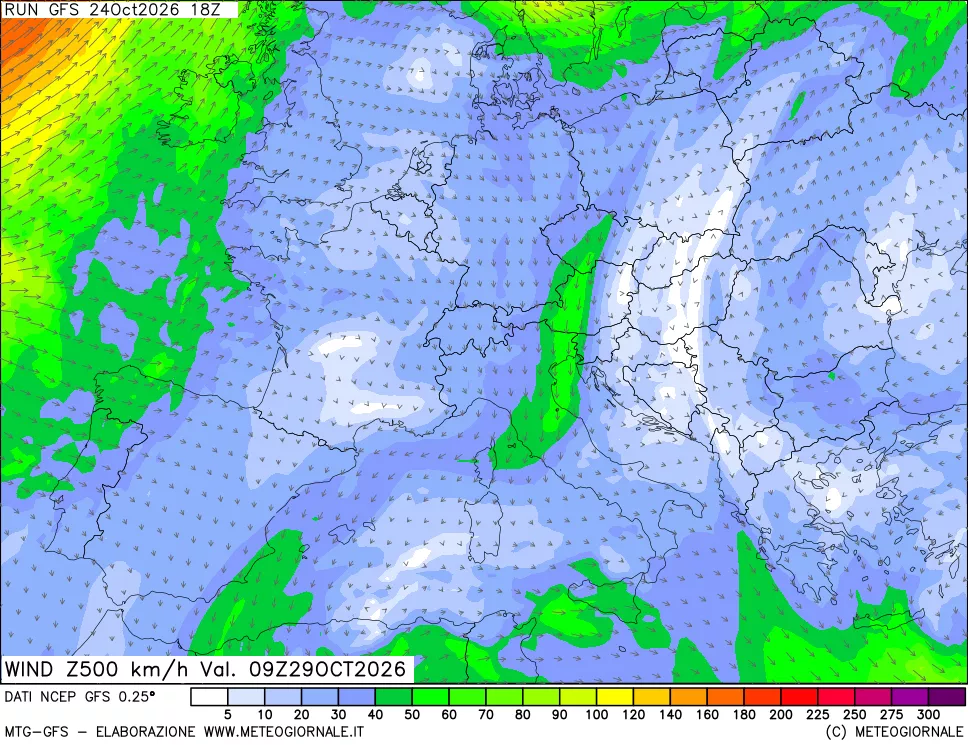mappa 500 hPa Vento forza e direzione