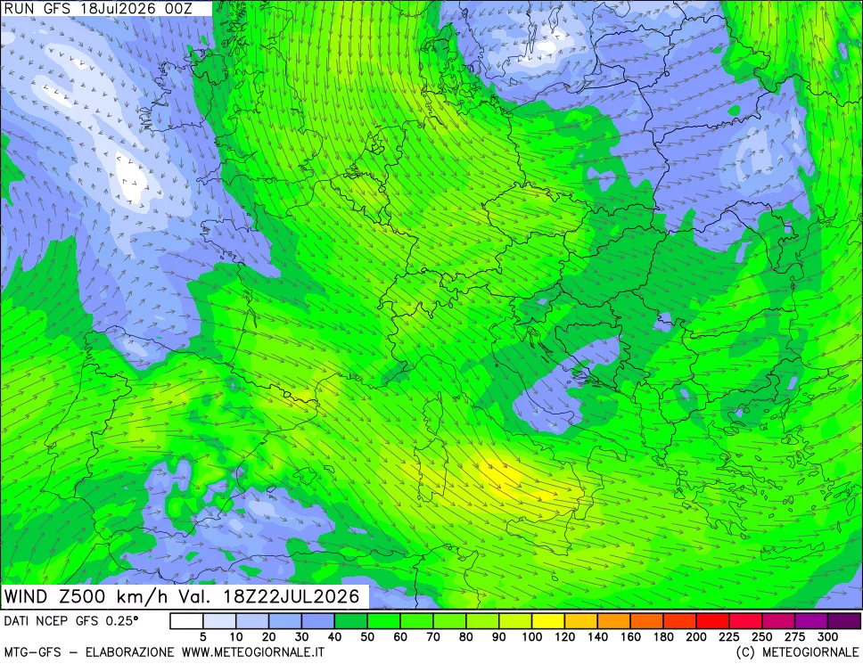 mappa 500 hPa Vento forza e direzione