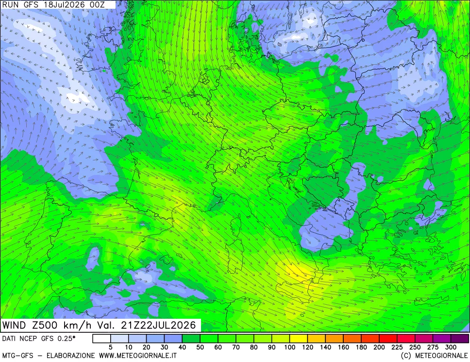 mappa 500 hPa Vento forza e direzione