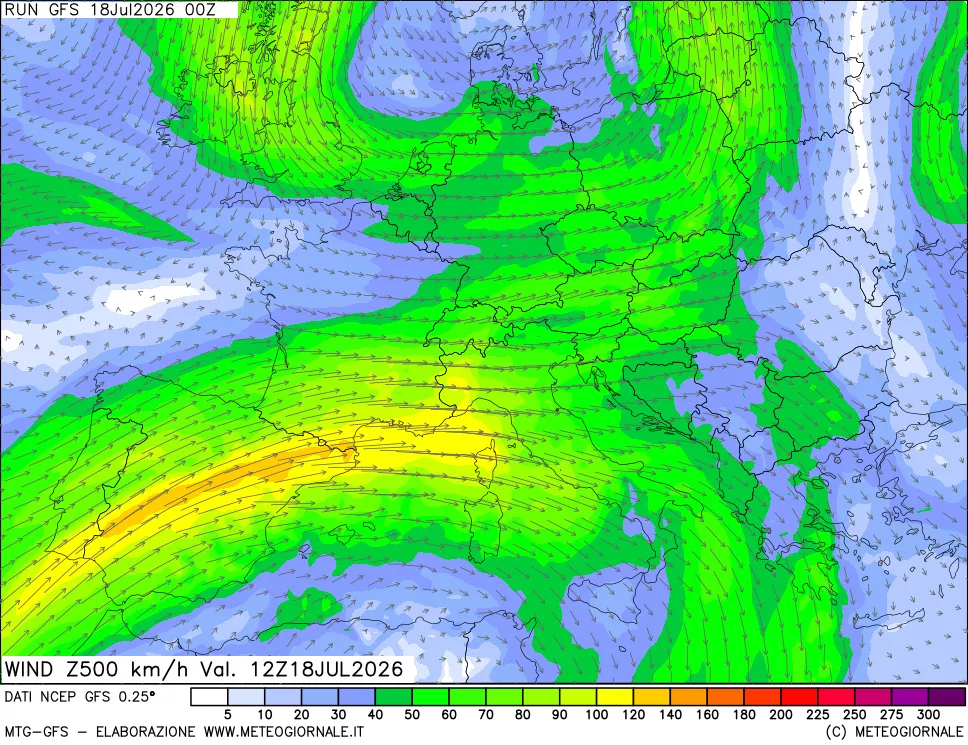 mappa 500 hPa Vento forza e direzione
