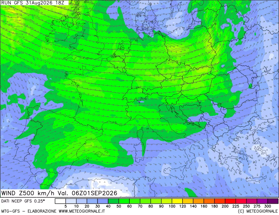 mappa 500 hPa Vento forza e direzione